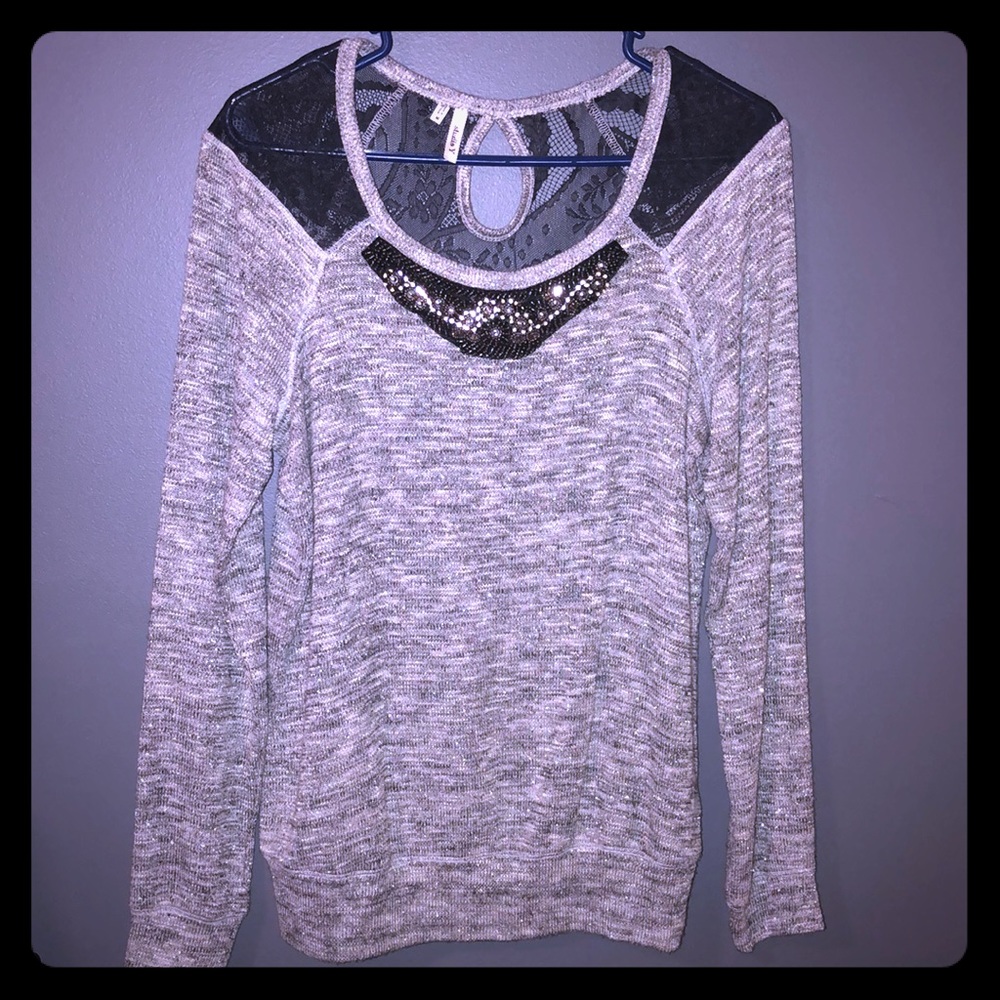 Lightweight Gray Sweater with Lace and Beading